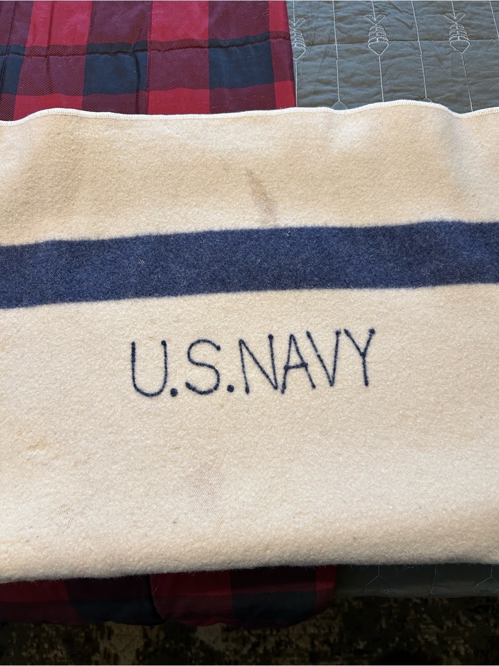 U.S. Navy Embroidered Wool Throw Blanket in Cream with Navy Stripe